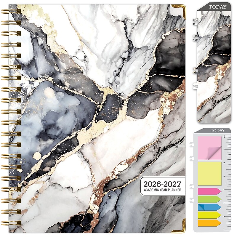 2026-2027 Excello Brands 8.5" x 11" Academic Weekly & Monthly Planner, Paperboard Cover, Black Gold Marble (FSHN-AY26-8511-34) image 1