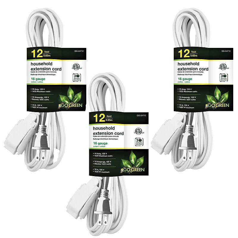 GoGreen Power 12' Extension Cord, 3-Outlet, 16 AWG, White (GG-24712-3) image 1
