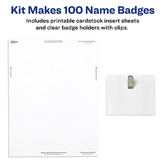 Avery Clip Style Name Badge Kit, Clear with White Inserts, 100/Box (74461)