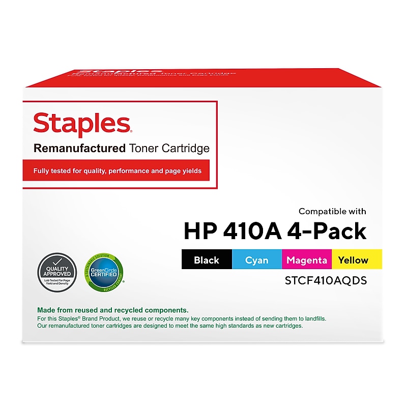 Staples 410A Remanufactured Black/Cyan/Magenta/Yellow Standard Yield Toner Cartridge Replacement for HP CF410AQ, 4/Pack image 1