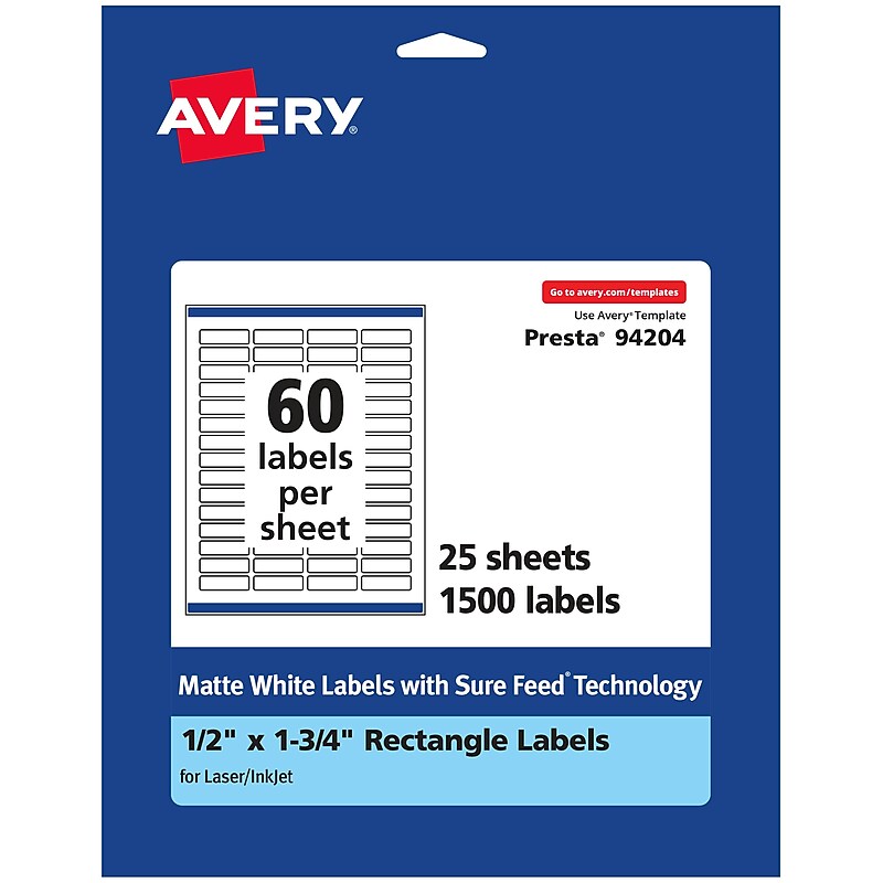Avery Laser/Inkjet Rectangle Multipurpose Labels, 0.5" x 1.75", White, 1500 Labels/Pack (94204) image 1