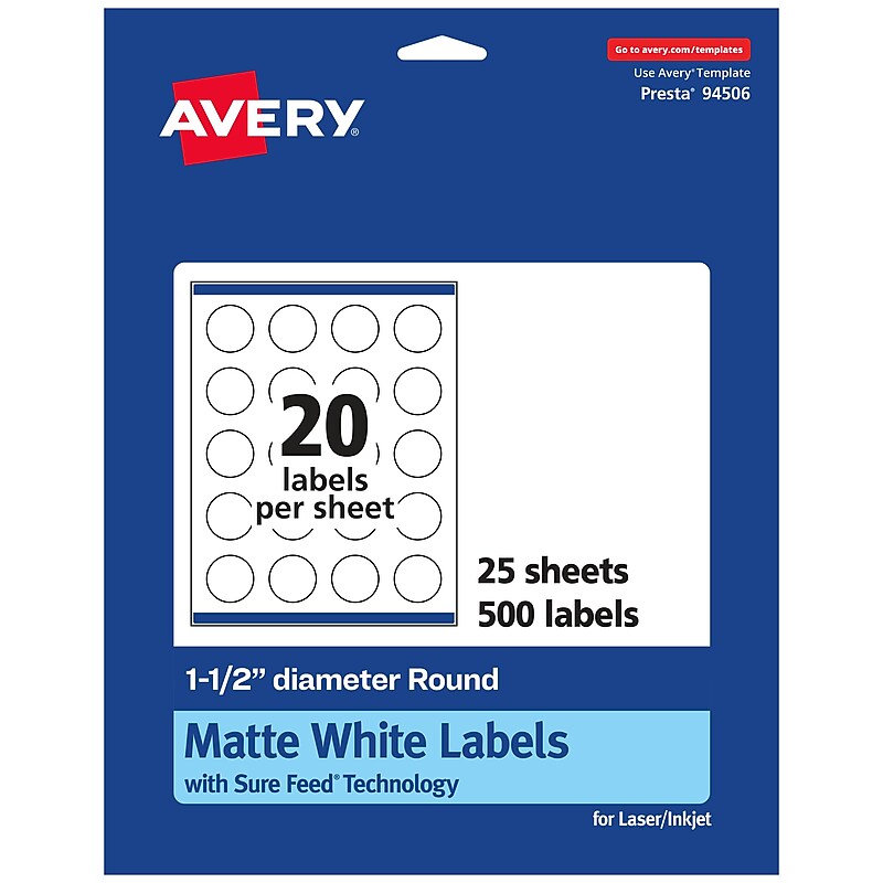 Avery Laser/Inkjet Round Multipurpose Labels, 1 0.5" Dia, Matte White, 500 Labels/Pack (94506) image 1