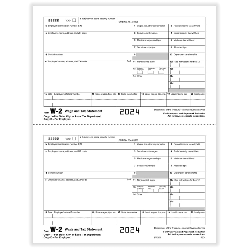 ComplyRight 2024 W-2 Tax Form, 1-Part, 2-Up, Employer Copy D, 50/Pack (520450) image 1