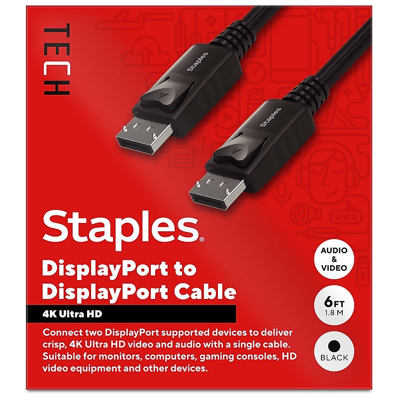 Staples TECH 6 ft. Display Port to Display Port Audio/Video Cable, Male to Male, Black (ST62469) image 1