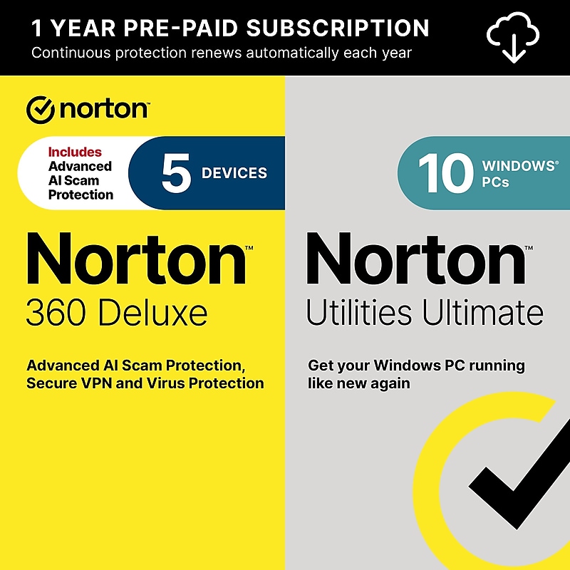 Norton 360 Deluxe & Utilities Ultimate Bundle for 5 Devices, Windows/Mac/Android/iOS, Download (21422526) image 1