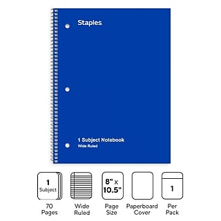 STAPLES 1‑Subject Notebook, 8” x 10.5”, Wide Ruled, 70 Sheets, Blue~#|#~B4F0A706-D84E-41D2-B1D011A3B90893C6_sc7