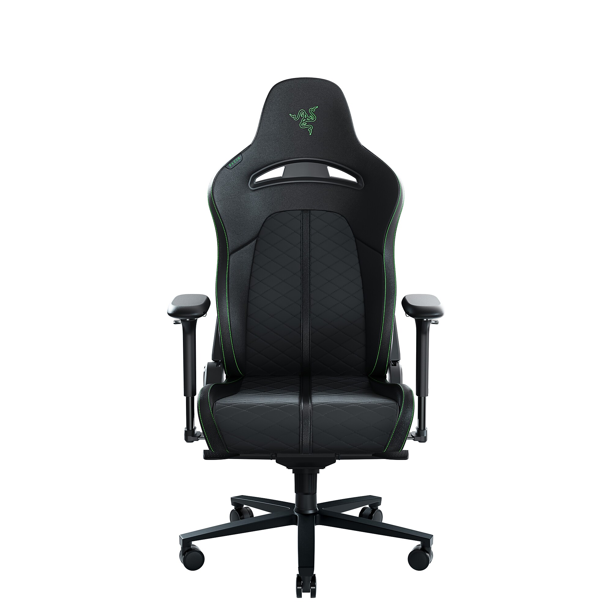 Front view of Razer Enki ergonomic gaming chair in black with green accents