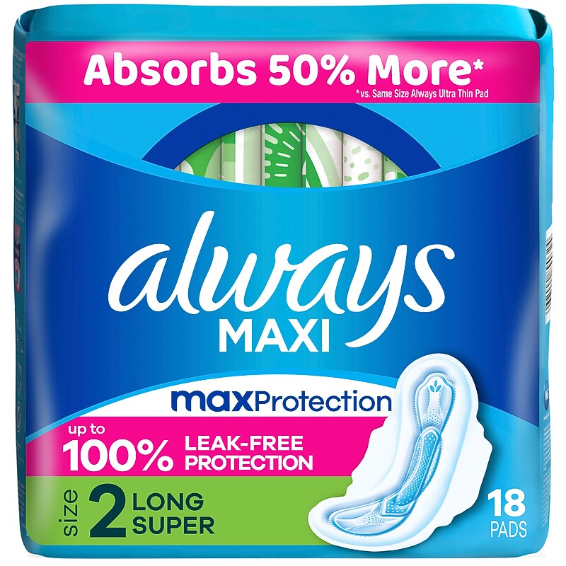 Always Maxi Heavy Maxi Pads with Wings, Size 2 Long, 18/Box (03368) image 1