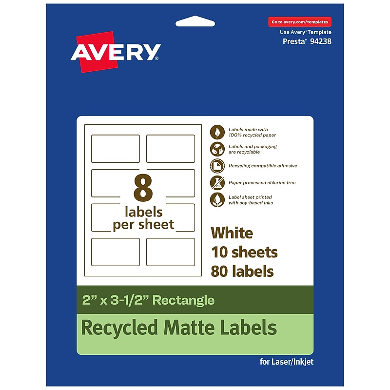 Avery EcoFriendly Laser/Inkjet Rectangle Multipurpose Labels, 2" x 3-1/2", White, 80/Pack (94238) image 1