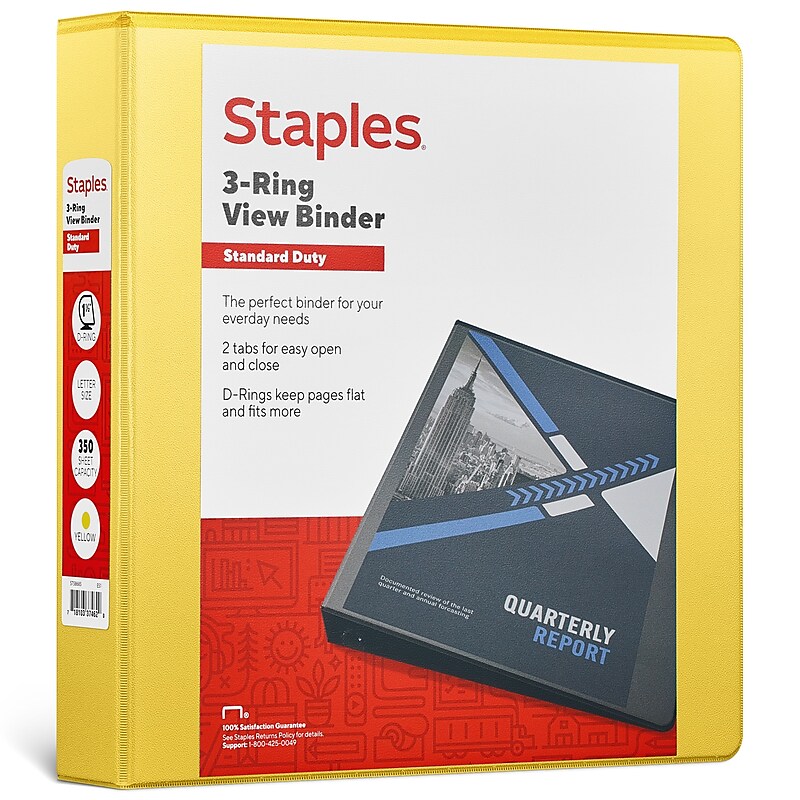 Staples 1 1/2" 3-Ring View Binders, D-Ring, Yellow (58685) image 1