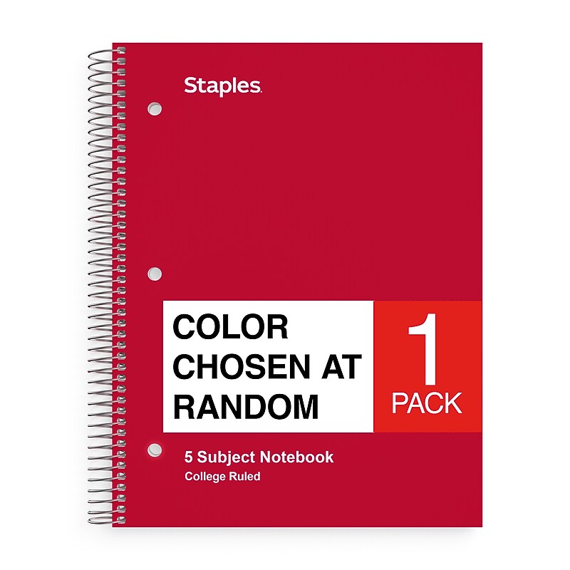 Staples® 5-Subject Notebook, 8.5" x 11", College Ruled, 180 Sheets, Color chosen at random (10467M-CC) image 1