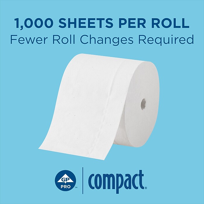 Compact Recycled Coreless Toilet Paper, 2-Ply, White, 1000 Sheets