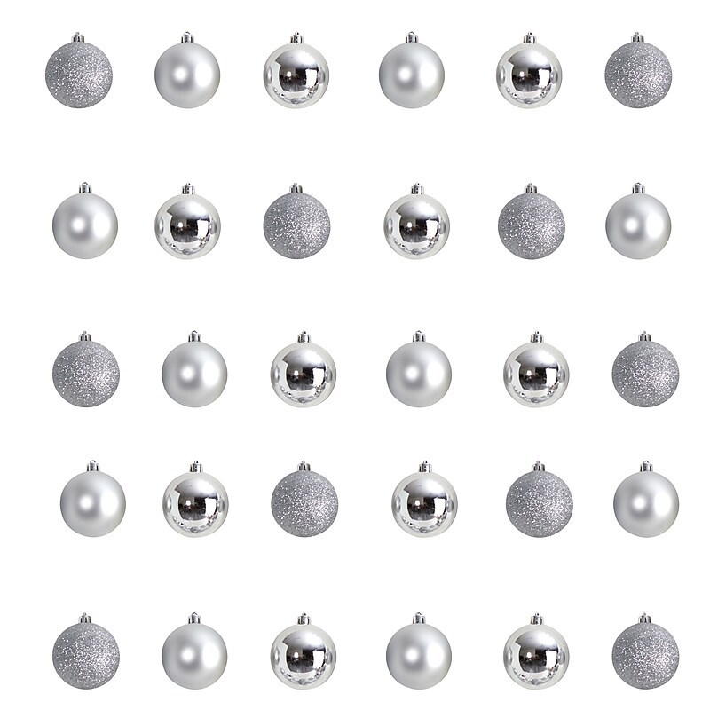 Nearly Natural Holiday Christmas Silver Shatterproof Ornament Set, 2.5", 30/Set (D1055-SV) image 1