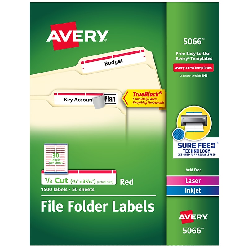 Avery TrueBlock Laser/Inkjet File Folder Labels, 2/3" x 3-7/16", White/Red, 1,500 Labels/Pack (5066) image 1