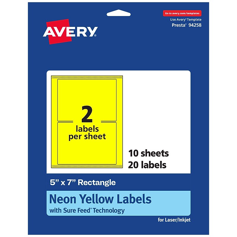 Avery Laser/Inkjet Multipurpose Rectangle Labels, 5" x 7", Neon Yellow, 20/Pack (94258) image 1