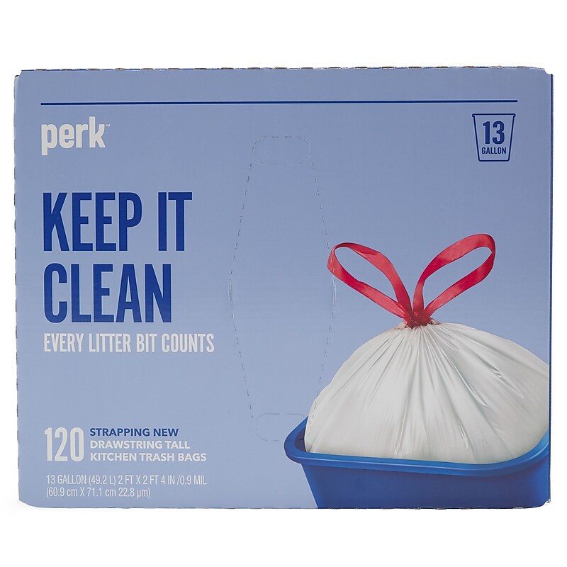 Perk™ 13 Gallon Kitchen Trash Bag, 28" x 24", Low Density, 0.9 mil, White, 120 Bags/Box, 3 Boxes/Carton (PK56750CT) image 1