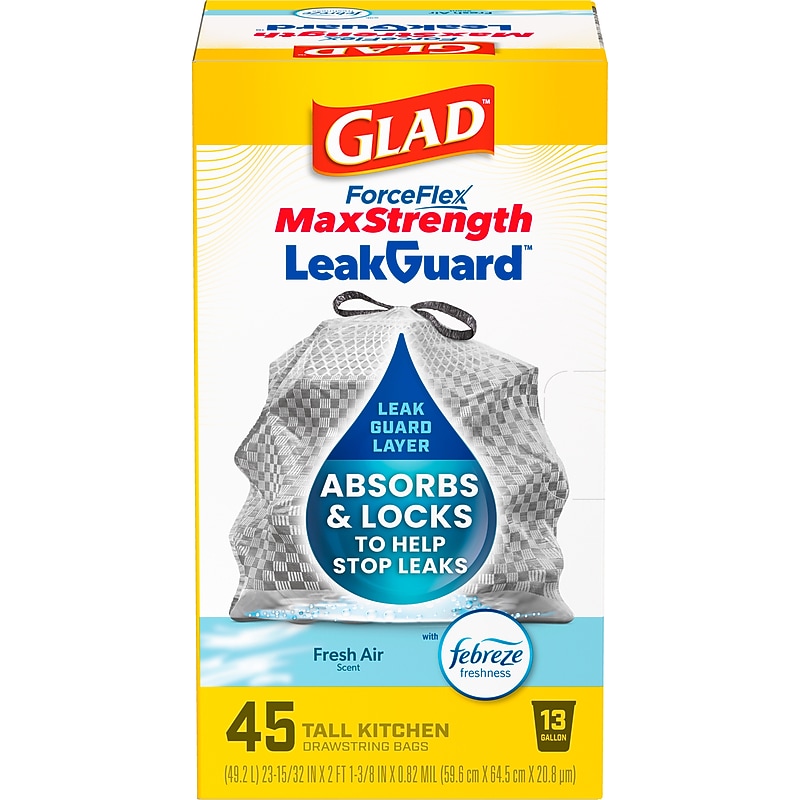 Glad ForceFlex MaxStrength 13 Gallon Drawstring Kitchen Trash Bag, Fresh Scent, Gray, 45 Total Bags (22645) image 1