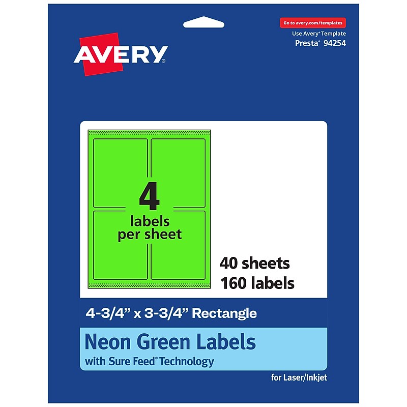Avery Laser/Inkjet Multipurpose Rectangle Labels, 4.75" x 3.75", Neon Green, 160/Pack (94254) image 1
