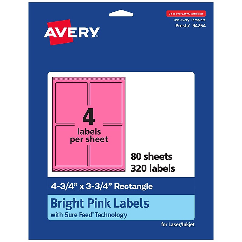 Avery Laser/Inkjet Rectangle Multipurpose Labels, 4.75" x 3.75", Bright Pink, 320/Box (94254) image 1