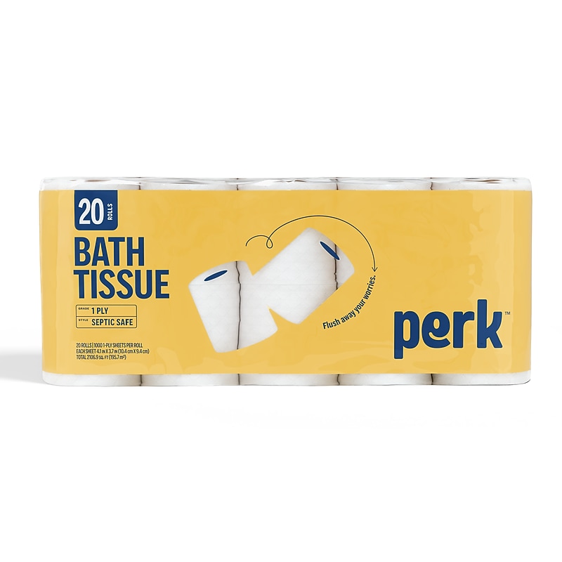 Perk™ Septic Safe Toilet Paper, 1-ply, White, 1000 Sheets/Roll, 20 Rolls/Pack (PK55153) image 1