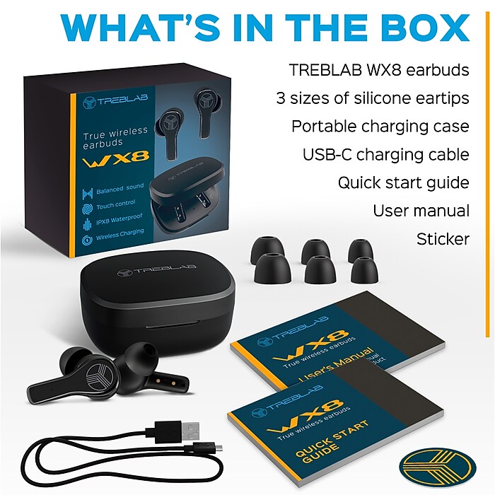 Treblab WX8 True Wireless IPX8 Waterproof Earbuds Bluetooth Black Staples