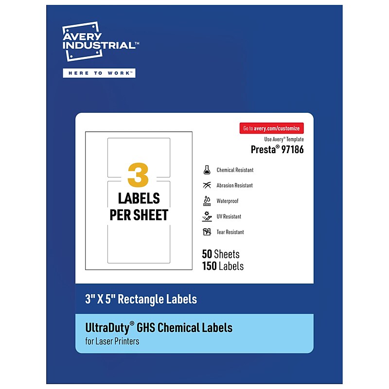 Avery Laser UltraDuty GHS Labels, 3" x 5", White, 3 Labels/Sheet, 50 Sheets/Pack (97186) image 1