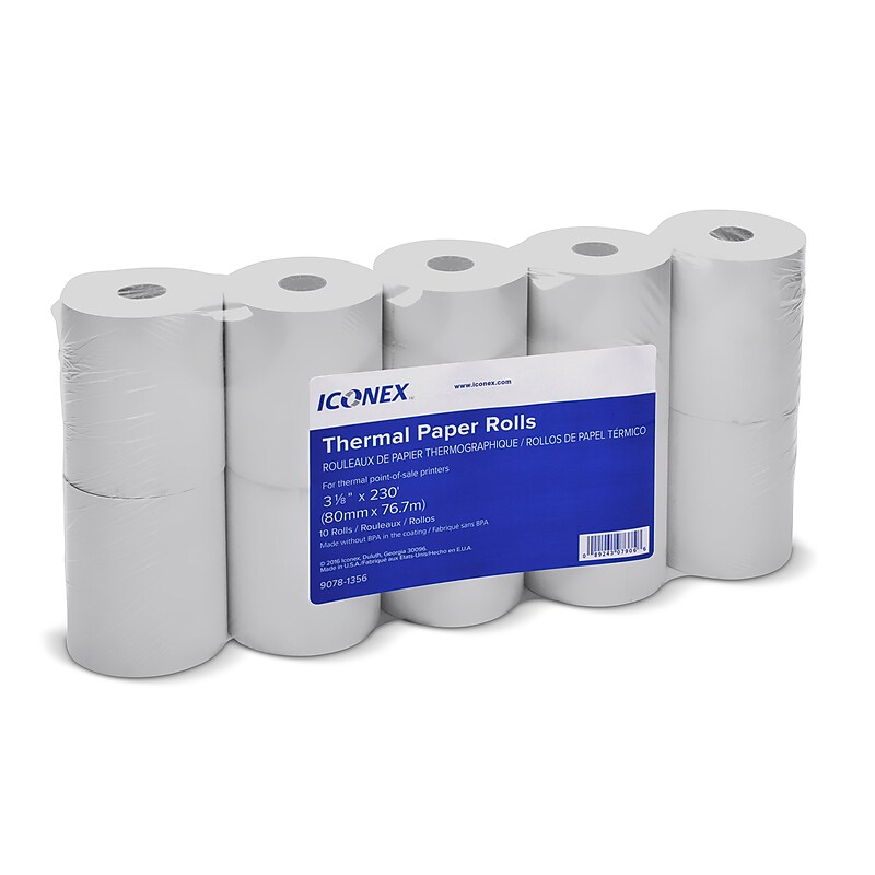 Iconex Thermal Cash Register Paper Rolls, 3 1/8" x 230', 10 Rolls/Pack (PMC07906) image 1