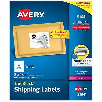 Avery TrueBlock Laser Shipping Labels, 3-1/3" x 4", White, 6 Labels/Sheet, 100 Sheets/Box (5164)