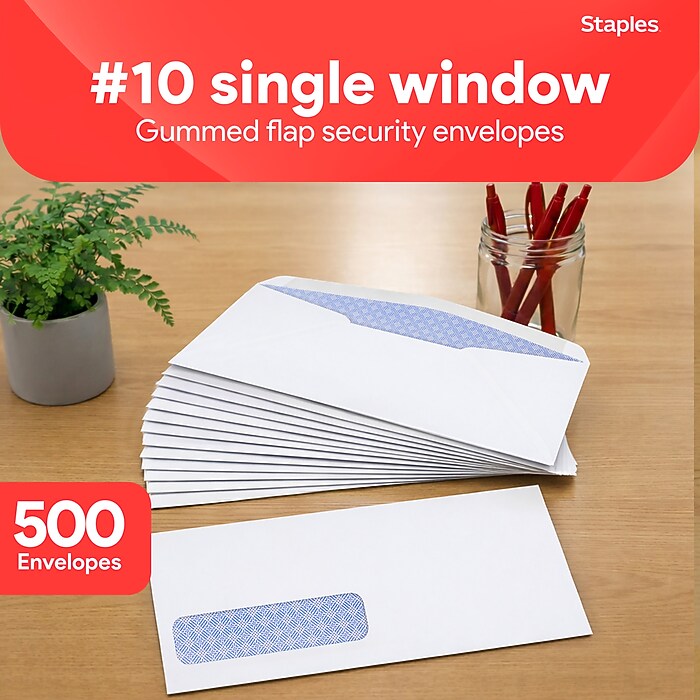 Staples Security Tinted #10 Window Envelopes, 4 1/8