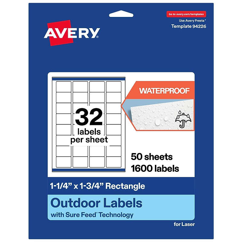 Avery Waterproof Rectangle Laser Multipurpose Labels, 1.25" x 1.75", White, 1600/Box (19479399262) image 1