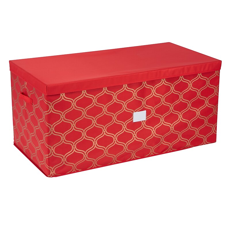 Simplify Ornament Storage Box with Lid, Fabric, Red/Gold (9085) image 1