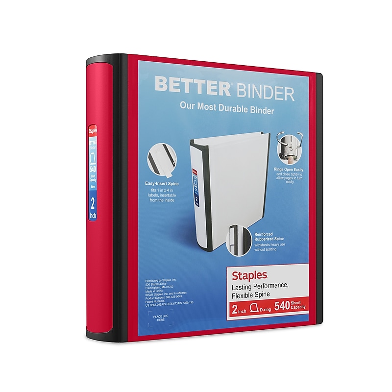 Staples 2" 3-Ring Better Binder, D-Ring, Red (18368) image 1