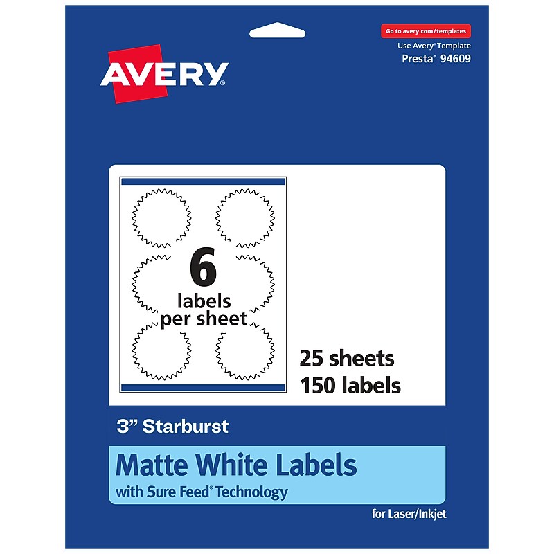 Avery Laser/Inkjet Starburst Multipurpose Labels, 3"  Dia, Matte White, 150/Pack (94609) image 1