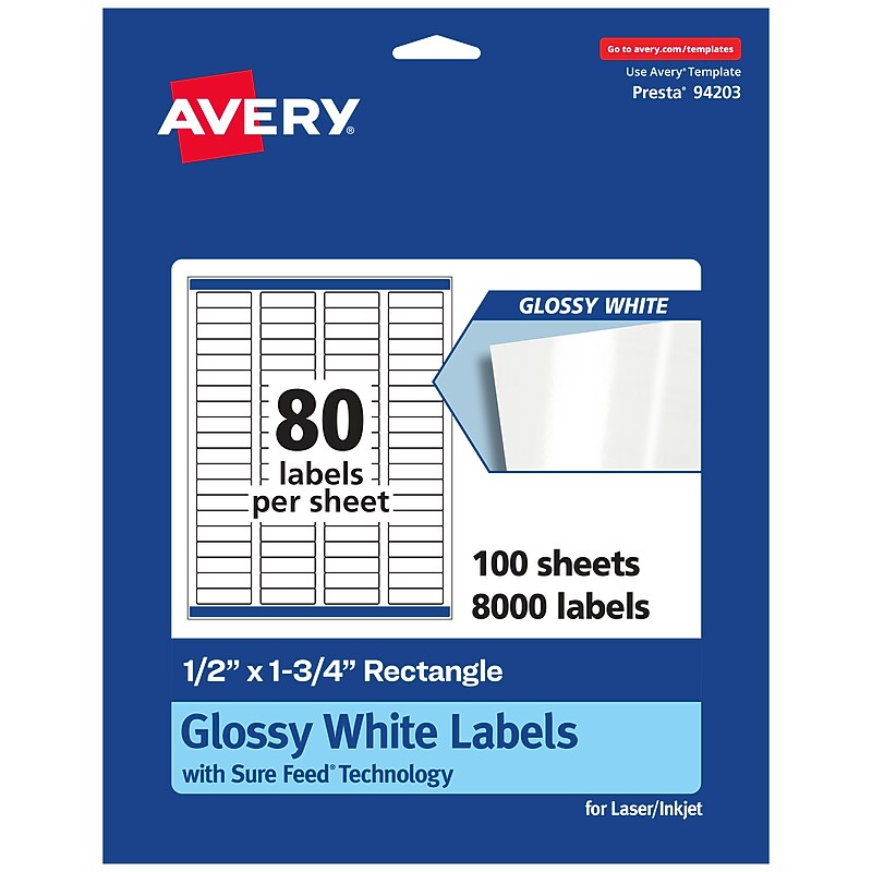 Avery Laser/Inkjet Rectangle Multipurpose Labels, 1.75"  x 0.5", Glossy White, 8000/Box (94203) image 1