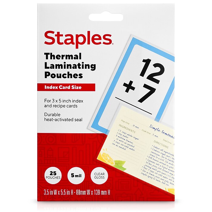 Staples Thermal Laminating Pouches, Index Card, 5 Mil, 25/Pack