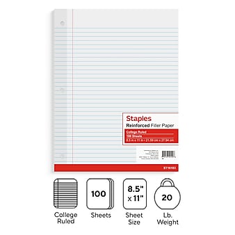 Staples College Ruled Filler Paper, 8.5" x 11", 100 Sheets/Pack (TR16183)