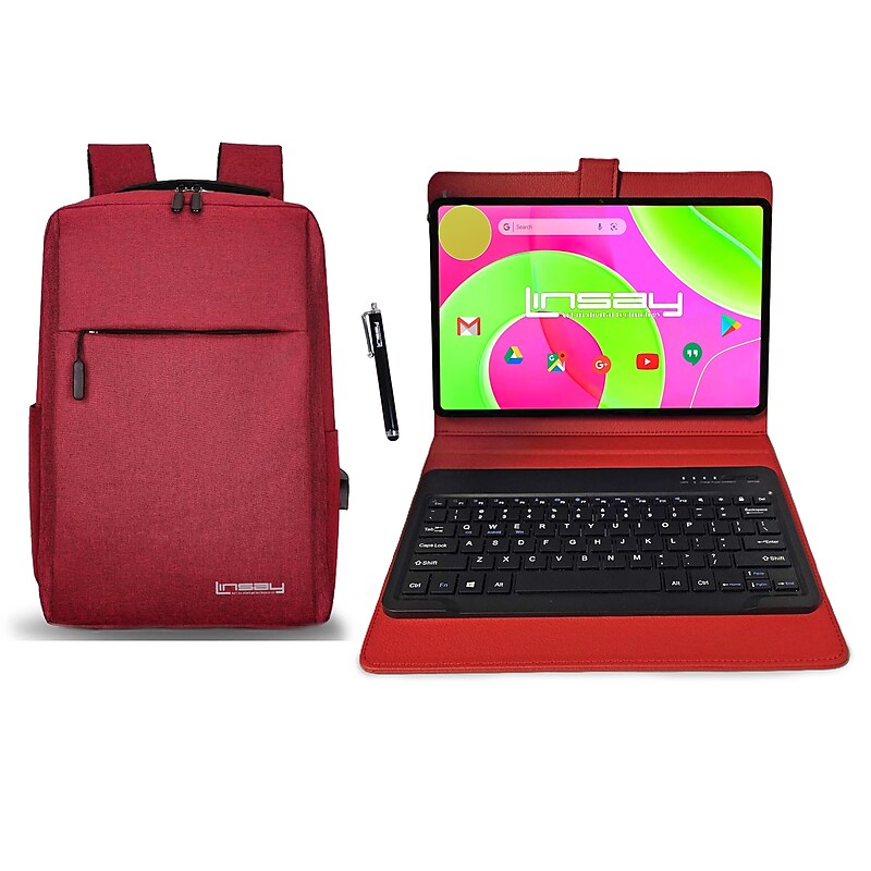 LINSAY 12" Octa Core Tablet, 8GB RAM, 256GB Storage, Android 14, Bundled with Red Keyboard, Backpack and Stylus Pen image 1