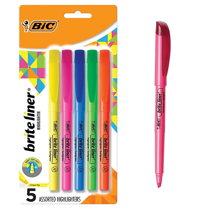 BIC Brite Liner Stick Highlighters, Chisel Tip, Assorted Colors, 5
