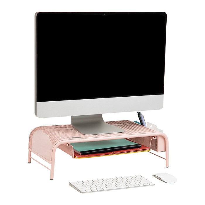 Mind Reader Monitor Stand with Paper Tray, Metal, Pink