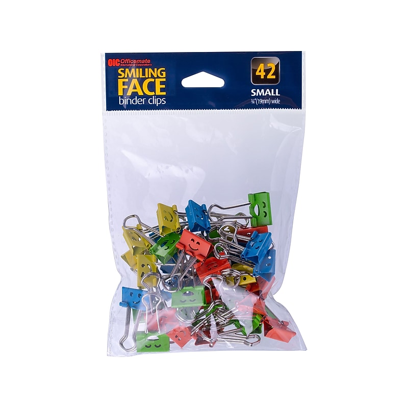 Officemate Smiling Face Small Binder Clips, 0.38" Capacity, Assorted Colors, 42 Clips/Pack (31090) image 1