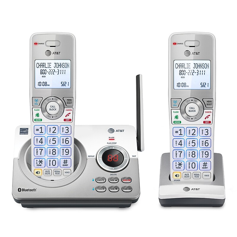 AT&T 2-Handset DECT 6.0 Expandable Cordless Phone System for Landline with Answering System, White/Silver (DL72210) image 1