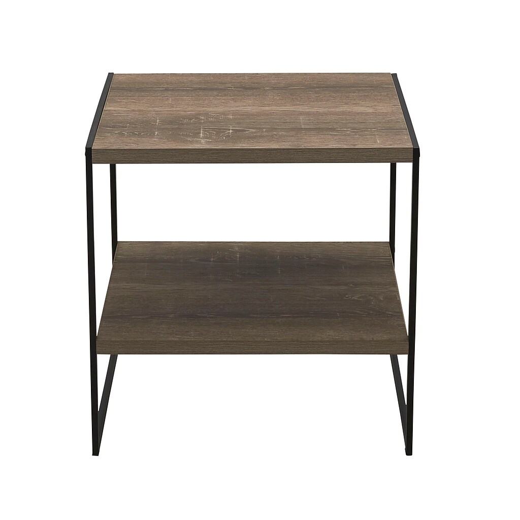 Two-tier square end table with wood surface and black metal frame, front view