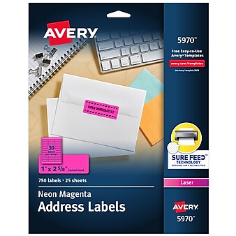 Avery Sure Feed Laser Address Labels, 1" x 2 5/8", Neon Pink, 30 Labels/Sheet, 25 Sheets/Pack (5970)
