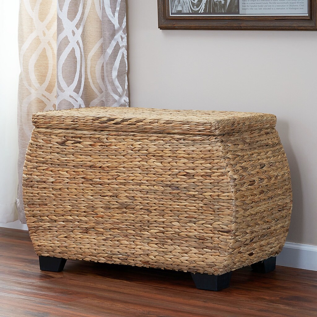 Open woven storage chest showing interior