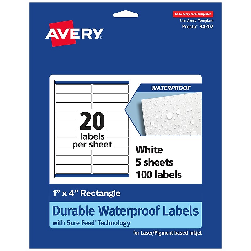 Avery Laser/Inkjet Rectangle Multipurpose Labels, 1" x 4", White, 100 Labels/Pack (94202) image 1