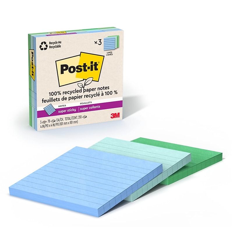 Post-it Oasis Recycled Super Sticky Notes, 4" x 4", Oasis Collection, Lined, 70 Sheets/Pad, 3 Pads/Pack (675R-3SST) image 1