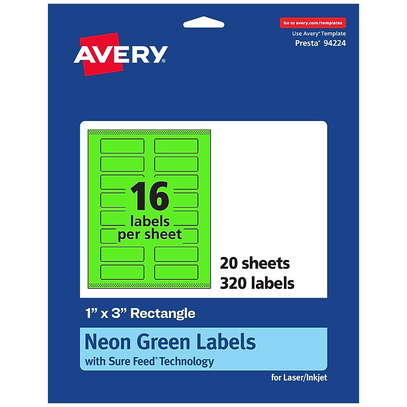 Avery Laser/Inkjet Multipurpose Rectangle Labels, 1" x 3", Neon Green, 320/Pack (94224) image 1