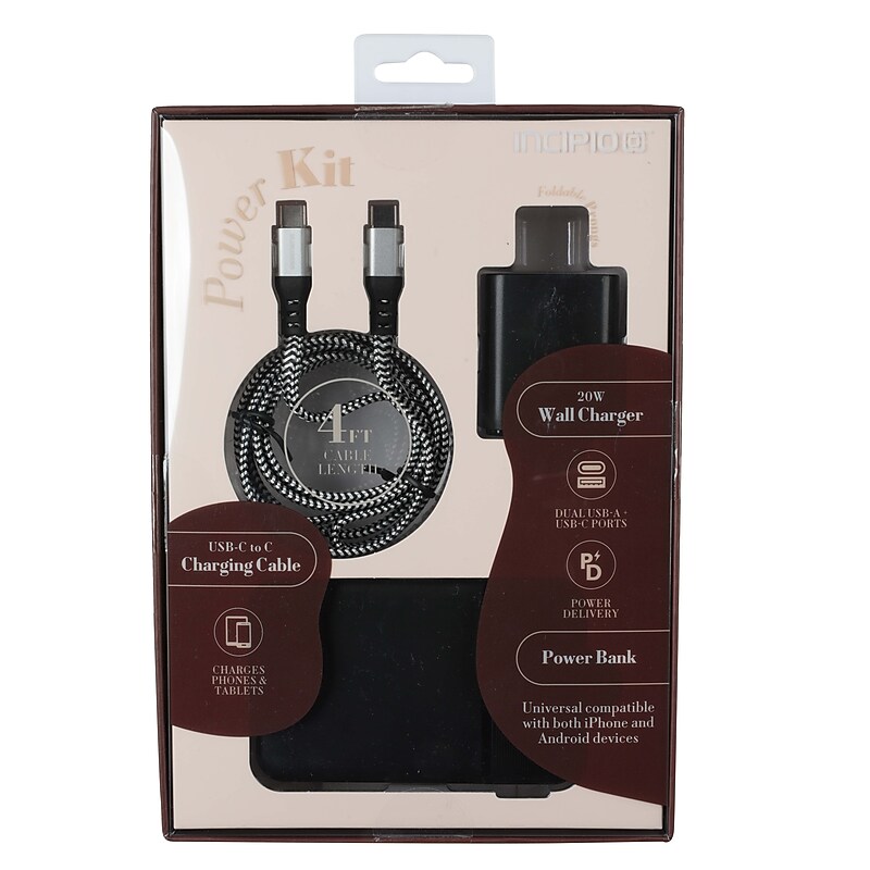 Incipio Power Kit, Power Bank, 20W Wall Charger, 4 ft. USB-C Cable, Black (V40098-BLK-T35-12) image 1