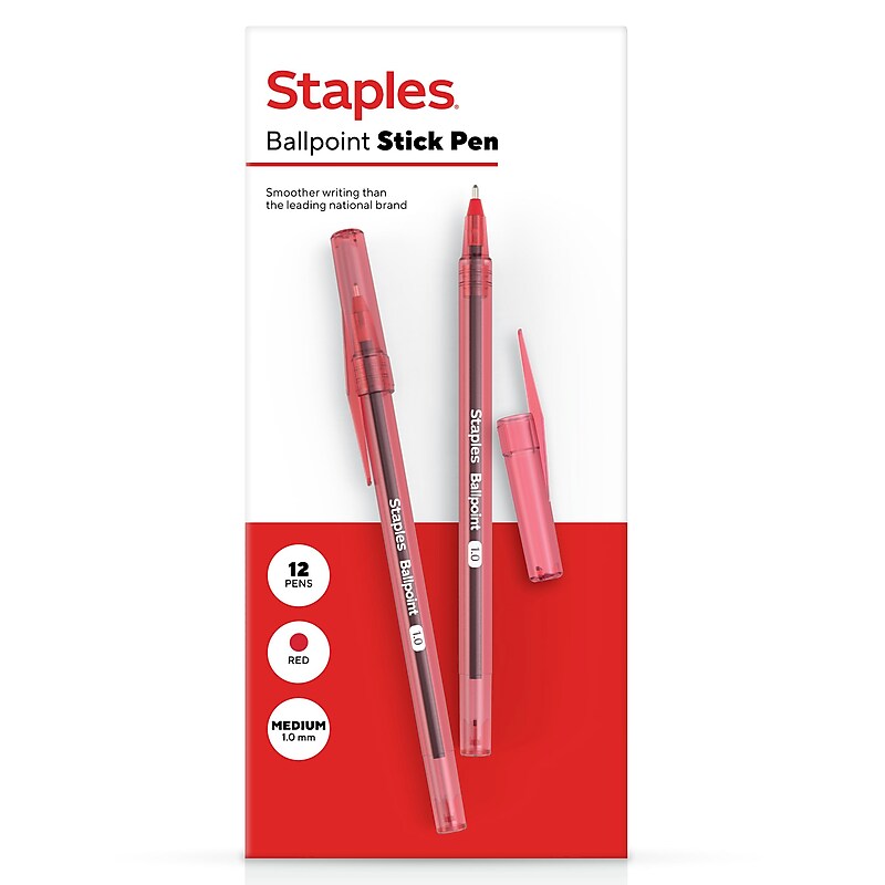 Staples Ballpoint Pen, Medium Point, 1.0mm, Red Ink, Dozen (ST52859) image 1