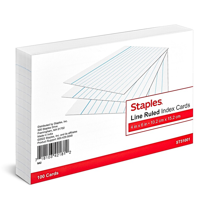Staples 4" x 6" Index Cards, Lined, White, 100/Pack (TR51001) image 1